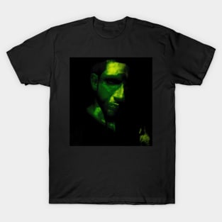 Portrait, digital collage and special processing. Man looking from darkness. Green light. T-Shirt